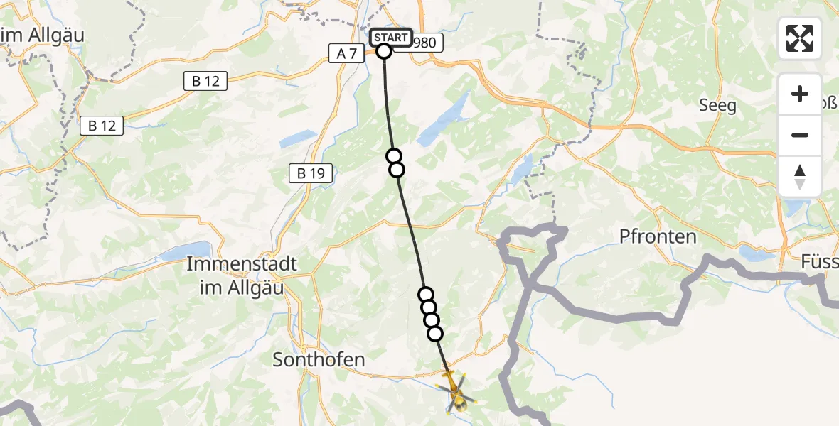 Flugroute Rettungshubschrauber Kempten-Durach Flugplatz - Bad Hindelang, 17 Juli 2026, 06:35