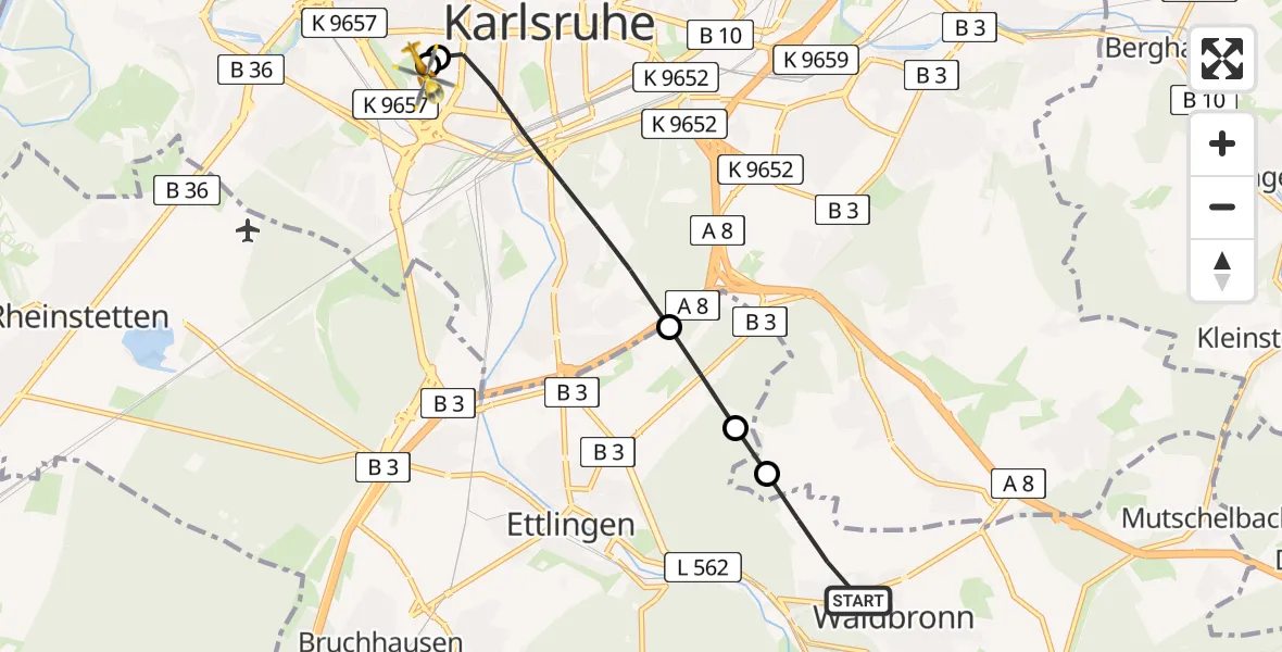 Flugroute Ambulanzhubschrauber Waldbronn - Sankt Vincentius Hospital, 17 Juli 2026, 06:35