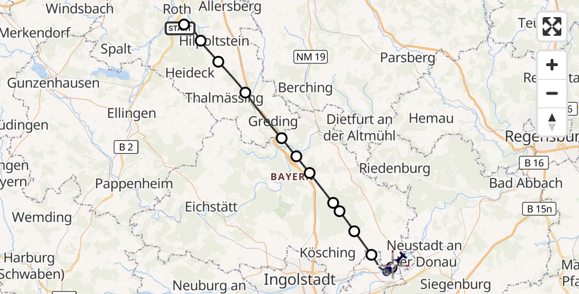 Flugroute Polizeihubschrauber Flugplatz Roth - Pförring, 17 Juli 2026, 06:40