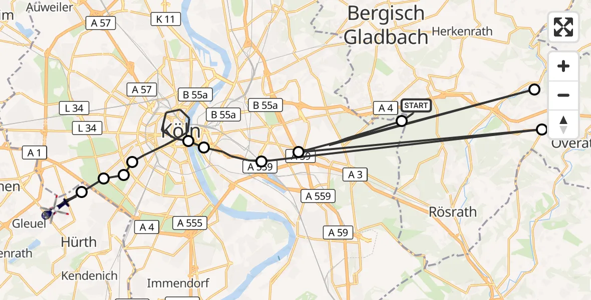 Flugroute Polizeihubschrauber Bergisch Gladbach - Hürth, 17 Juli 2026, 06:40