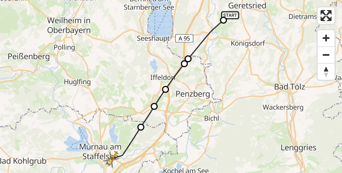 Flugroute Rettungshubschrauber Geretsried - Murnau a.Staffelsee, 17 Juli 2026, 06:46
