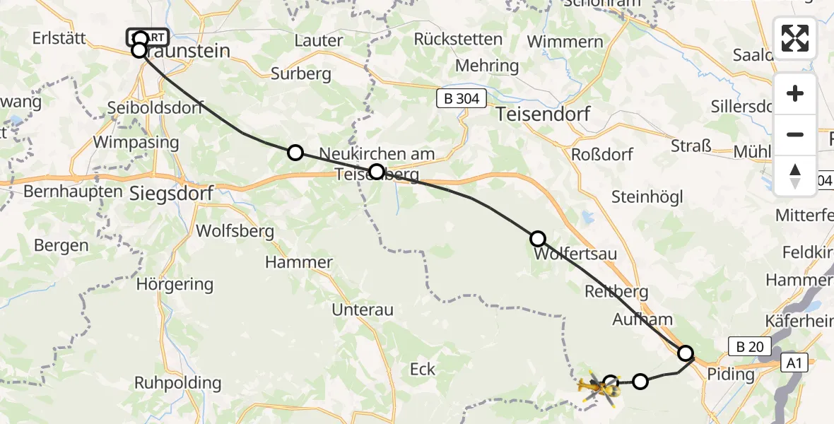 Flugroute Rettungshubschrauber Traunstein Hospital - Piding, 17 Juli 2026, 06:51
