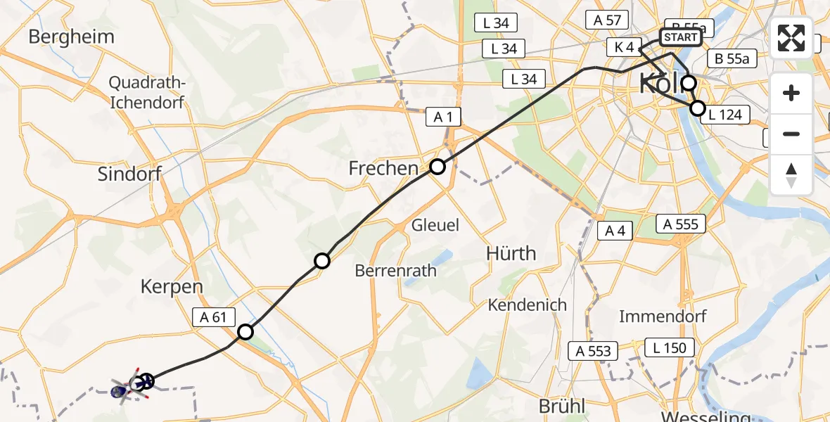 Flugroute Polizeihubschrauber Köln - Militärflugplatz Nörvenich, 17 Juli 2026, 06:52