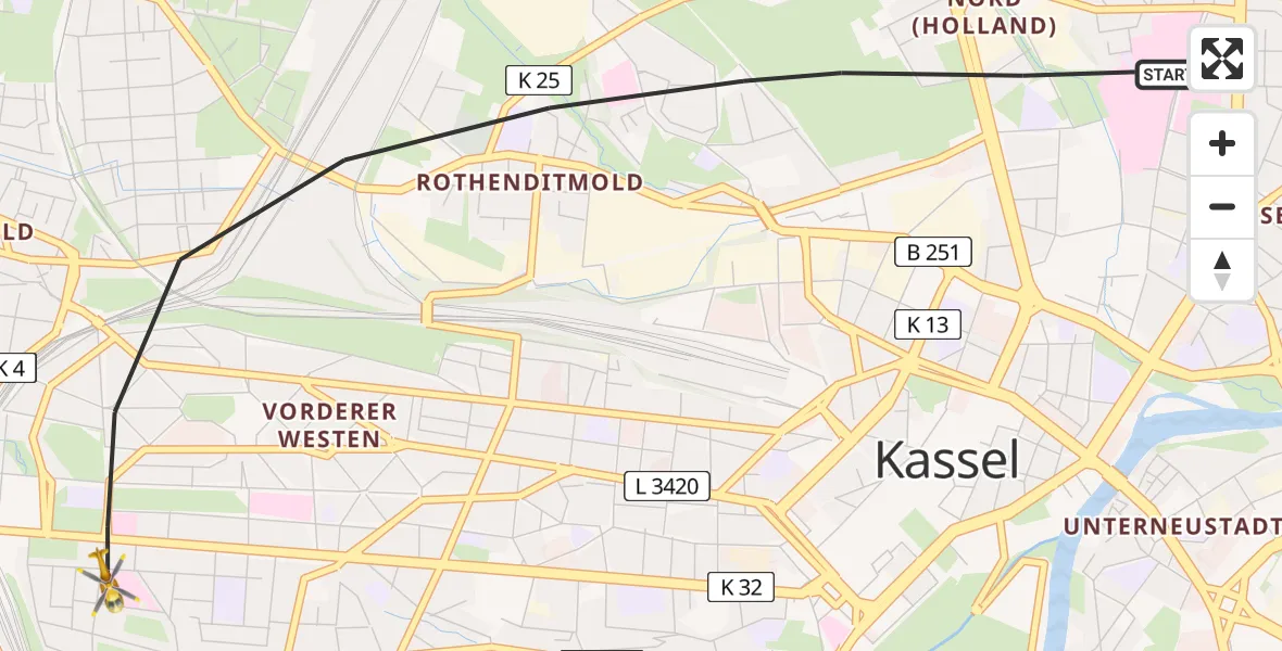 Flugroute Rettungshubschrauber Kassel - Kassel, 17 Juli 2026, 07:03