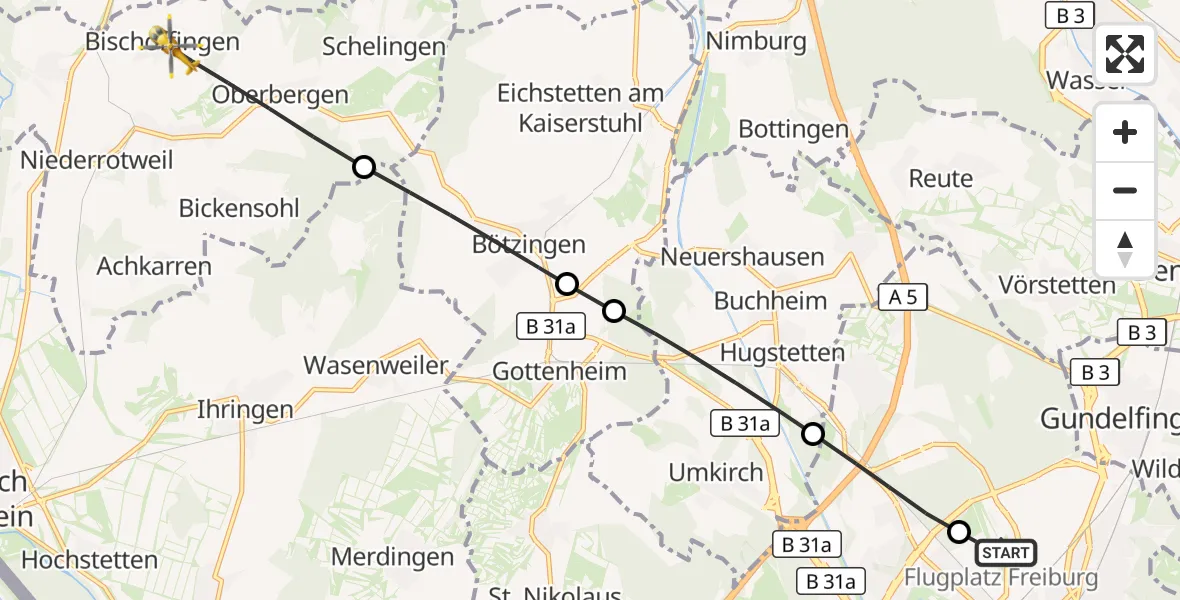 Flugroute Ambulanzhubschrauber Freiburg im Breisgau Flugplatz - Vogtsburg im Kaiserstuhl, 17 Juli 2026, 07:03