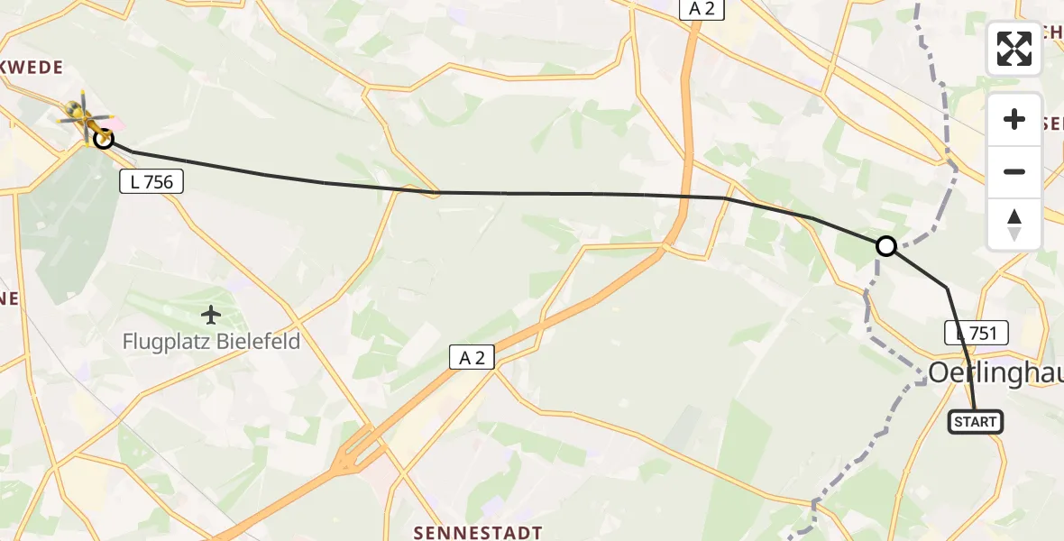 Flugroute Rettungshubschrauber Oerlinghausen - Luftrettungszentrum Bielefeld, 17 Juli 2026, 07:06