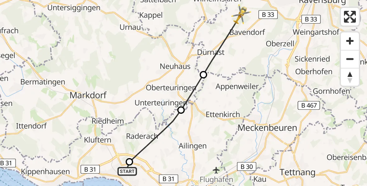Flugroute Rettungshubschrauber Friedrichshafen Hospital - Ravensburg, 17 Juli 2026, 07:06