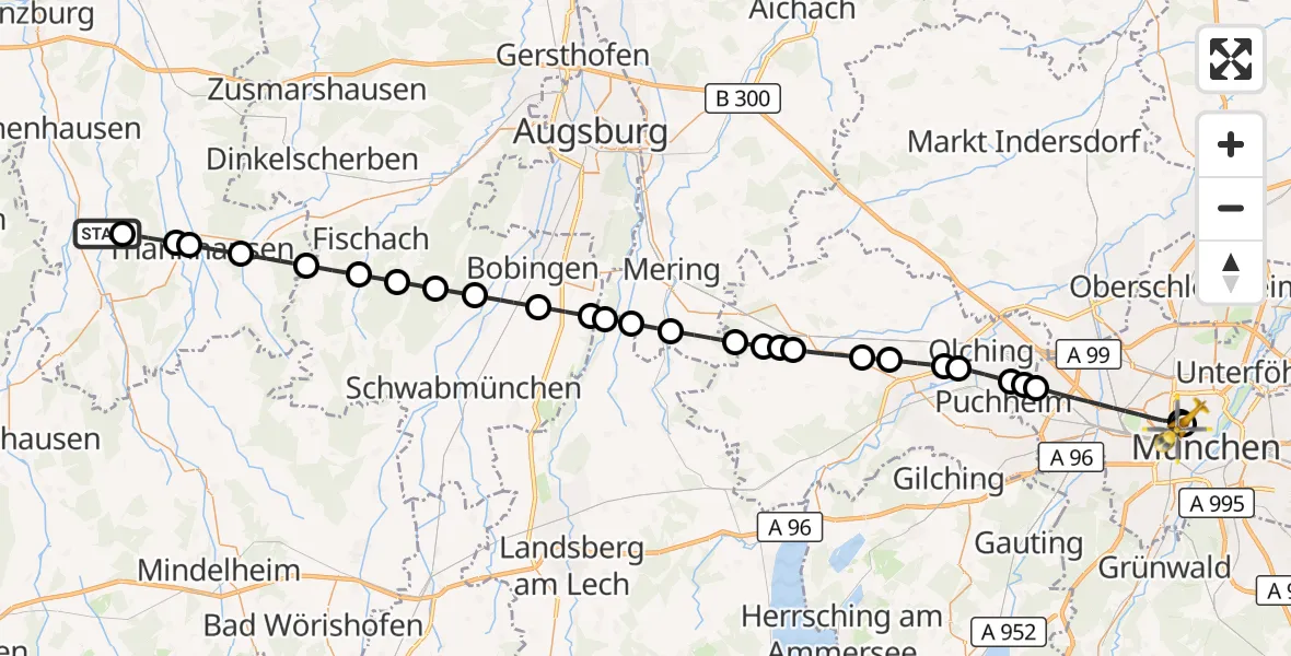 Flugroute Rettungshubschrauber Krumbach (Schwaben) - Deutsches Herzzentrum München, 17 Juli 2026, 07:17