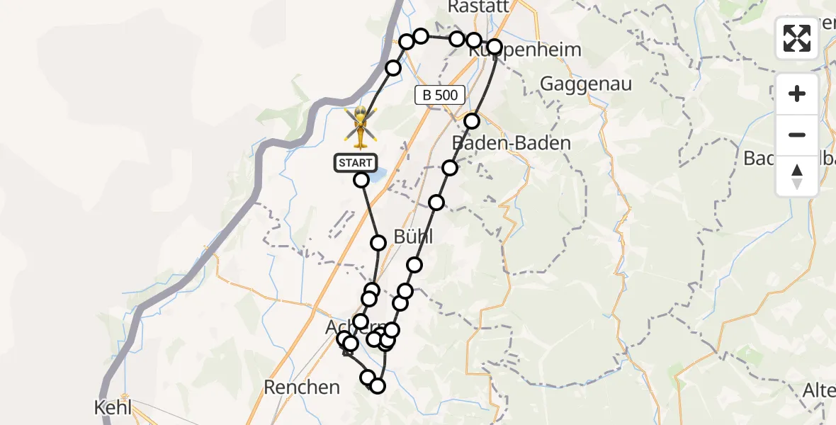 Flugroute Rettungshubschrauber Rheinmünster - Karlsruhe Baden-Baden Flughafen, 17 Juli 2026, 07:17