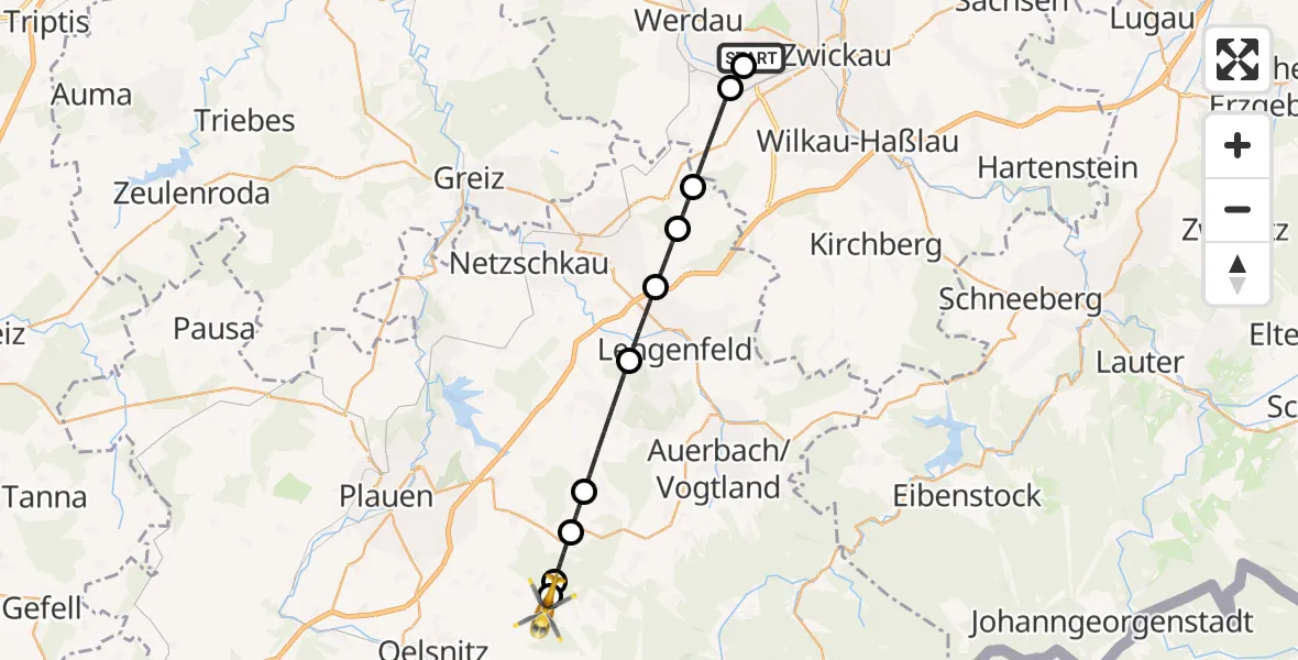 Flugroute Rettungshubschrauber ADAC Air Rescue Station Zwickau Hubschrauberlandeplatz - Tirpersdorf, 17 Juli 2026, 07:21