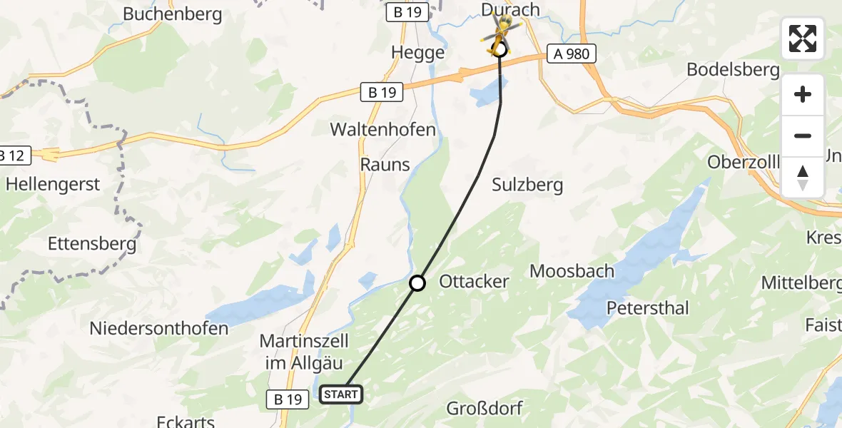 Flugroute Rettungshubschrauber Waltenhofen - Kempten-Durach Flugplatz, 17 Juli 2026, 07:25