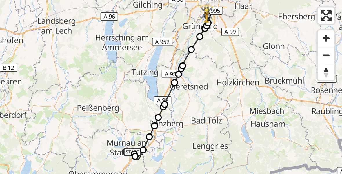 Flugroute Rettungshubschrauber Murnau a.Staffelsee - ADAC Air Rescue Center Hubschrauberlandeplatz (Christoph 1), 17 Juli 2026, 07:29