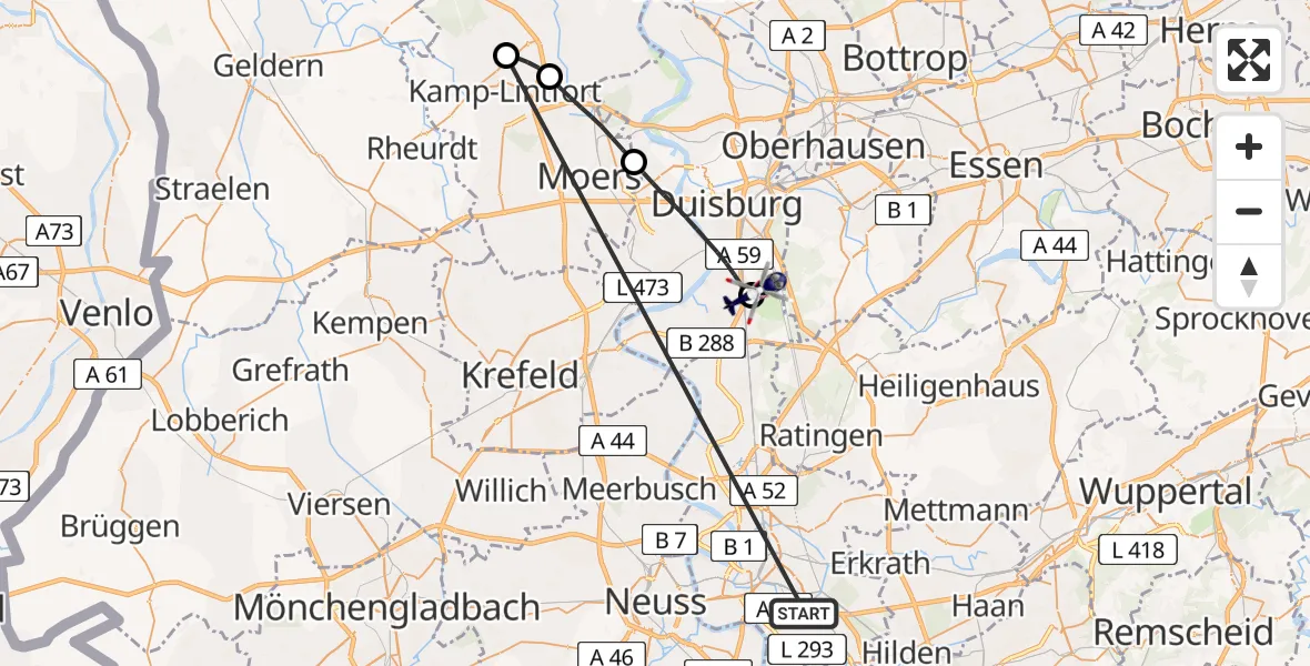 Flugroute Polizeihubschrauber Düsseldorf - Duisburg Air Rescue Hubschrauberlandeplatz (Christoph 9), 17 Juli 2026, 07:30