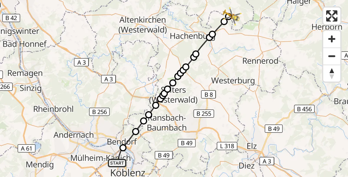 Flugroute Rettungshubschrauber Koblenz - Friedewald, 17 Juli 2026, 07:34