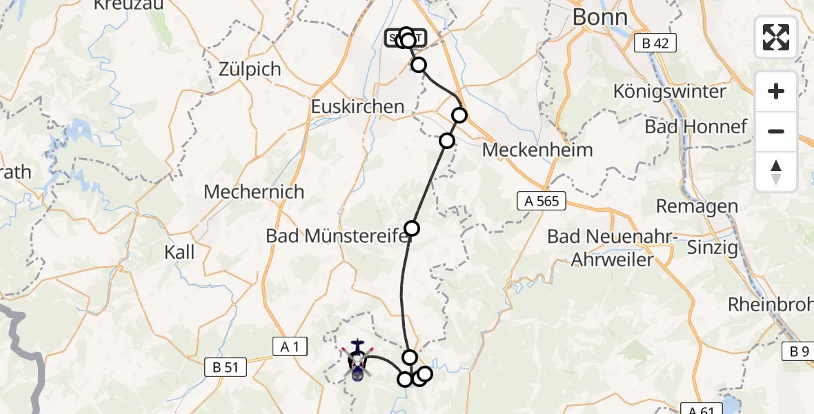 Flugroute Polizeihubschrauber Weilerswist UL - Wershofen/Eifel Flugplatz, 17 Juli 2026, 07:36