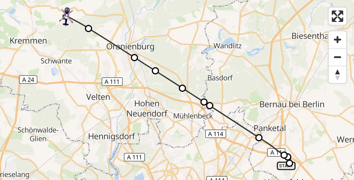 Flugroute Polizeihubschrauber Ahrensfelde Hubschrauberlandeplatz - Kremmen, 17 Juli 2026, 07:42