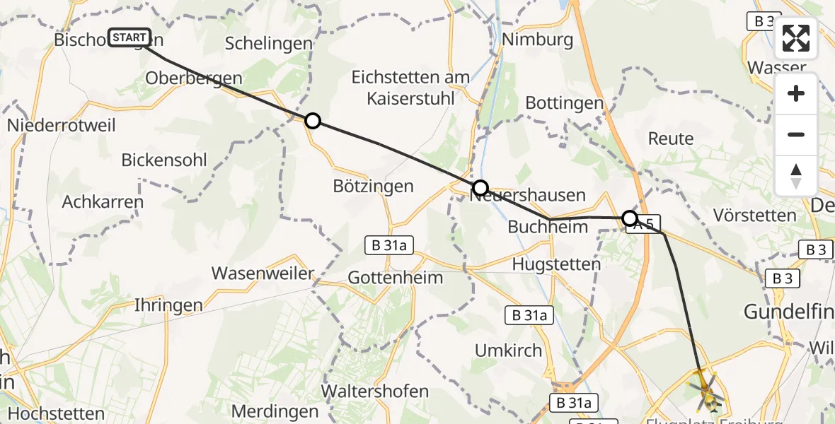 Flugroute Ambulanzhubschrauber Vogtsburg im Kaiserstuhl - Freiburg im Breisgau Flugplatz, 17 Juli 2026, 07:44