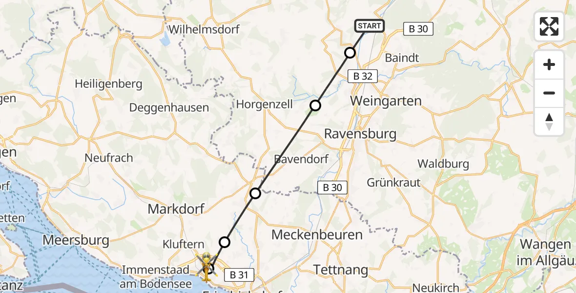 Flugroute Rettungshubschrauber Fronreute - Friedrichshafen Hospital, 17 Juli 2026, 07:46