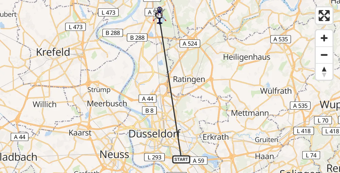 Flugroute Polizeihubschrauber Düsseldorf - Duisburg Air Rescue Hubschrauberlandeplatz (Christoph 9), 17 Juli 2026, 07:47