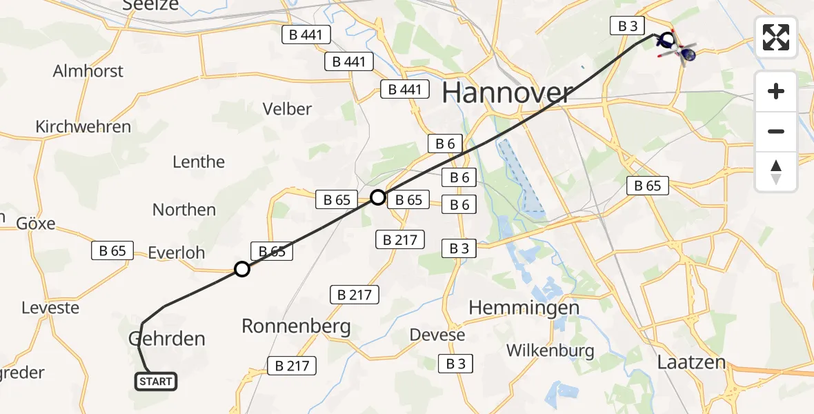 Flugroute Polizeihubschrauber Gehrden - Hannover Luftrettung Hubschrauberlandeplatz (Christoph 4), 17 Juli 2026, 07:56
