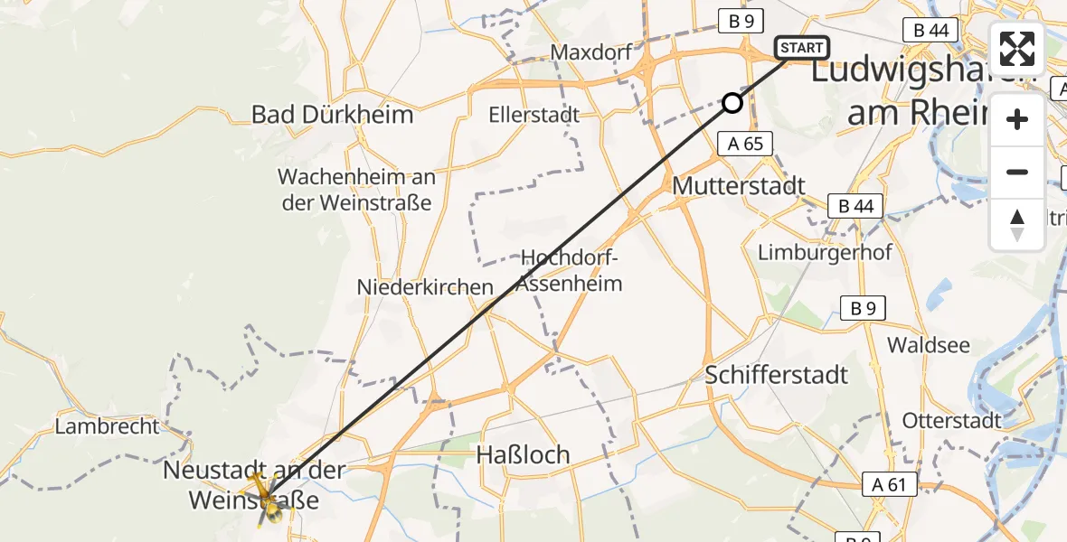 Flugroute Rettungshubschrauber Ludwigshafen am Rhein - Neustadt an der Weinstraße, 17 Juli 2026, 08:07