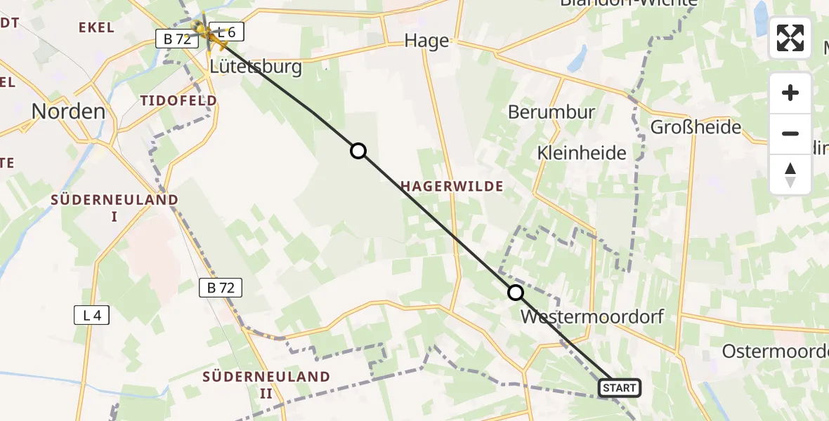 Flugroute Ambulanzhubschrauber Großheide - Lütetsburg, 17 Juli 2026, 08:16