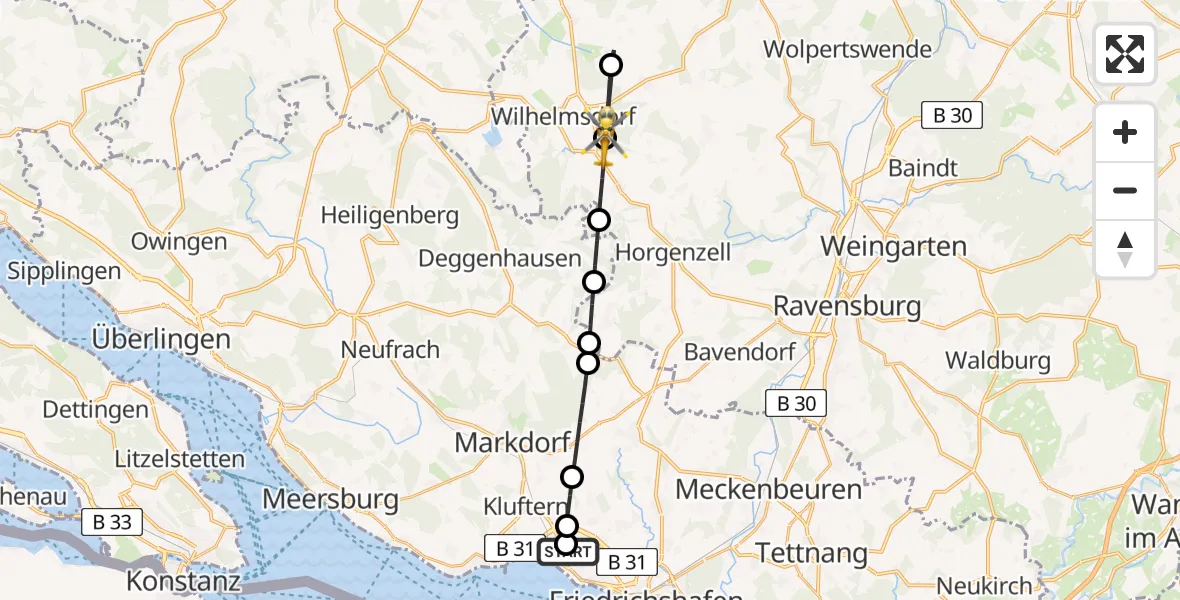 Flugroute Rettungshubschrauber Friedrichshafen Hospital - Wilhelmsdorf, 17 Juli 2026, 08:19