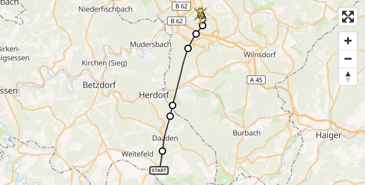 Flugroute Rettungshubschrauber Friedewald - Evangelisches Jung-Stilling Hospital, 17 Juli 2026, 08:21