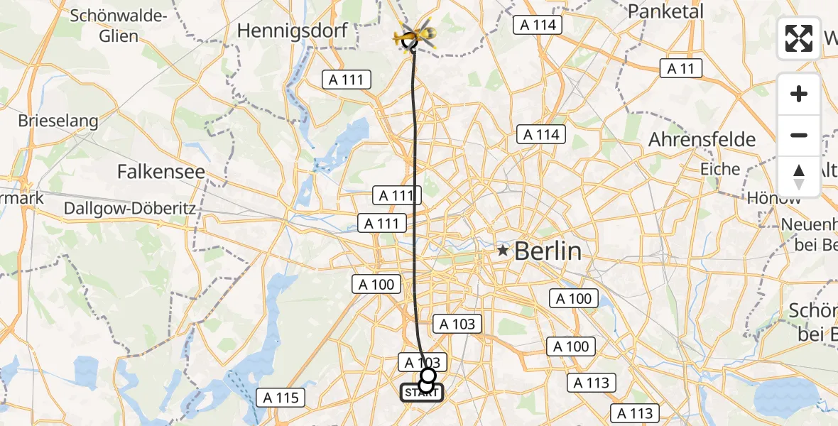 Flugroute Rettungshubschrauber Charité Clinic Benjamin Franklin Campus - Glienicke/Nordbahn, 17 Juli 2026, 08:26