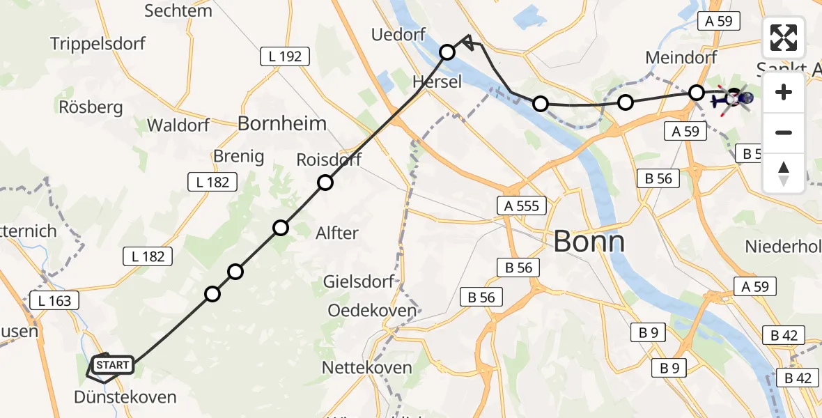 Flugroute Polizeihubschrauber Swisttal - Sankt Augustin, 17 Juli 2026, 08:26