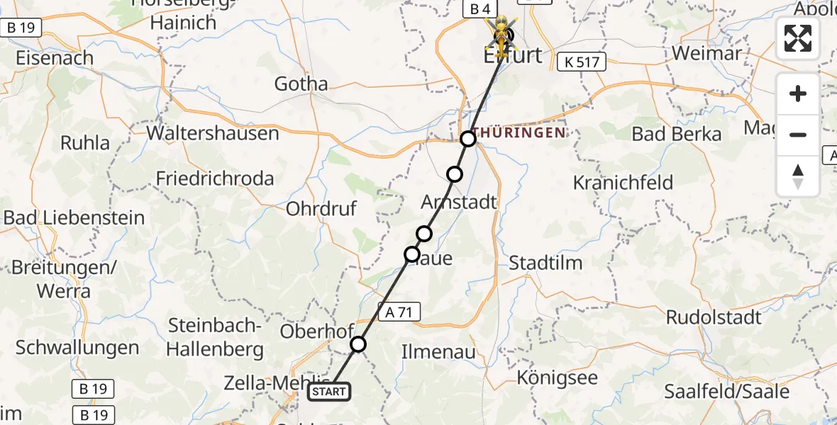 Flugroute Rettungshubschrauber Suhl - Helios Clinic Erfurt, 17 Juli 2026, 08:27