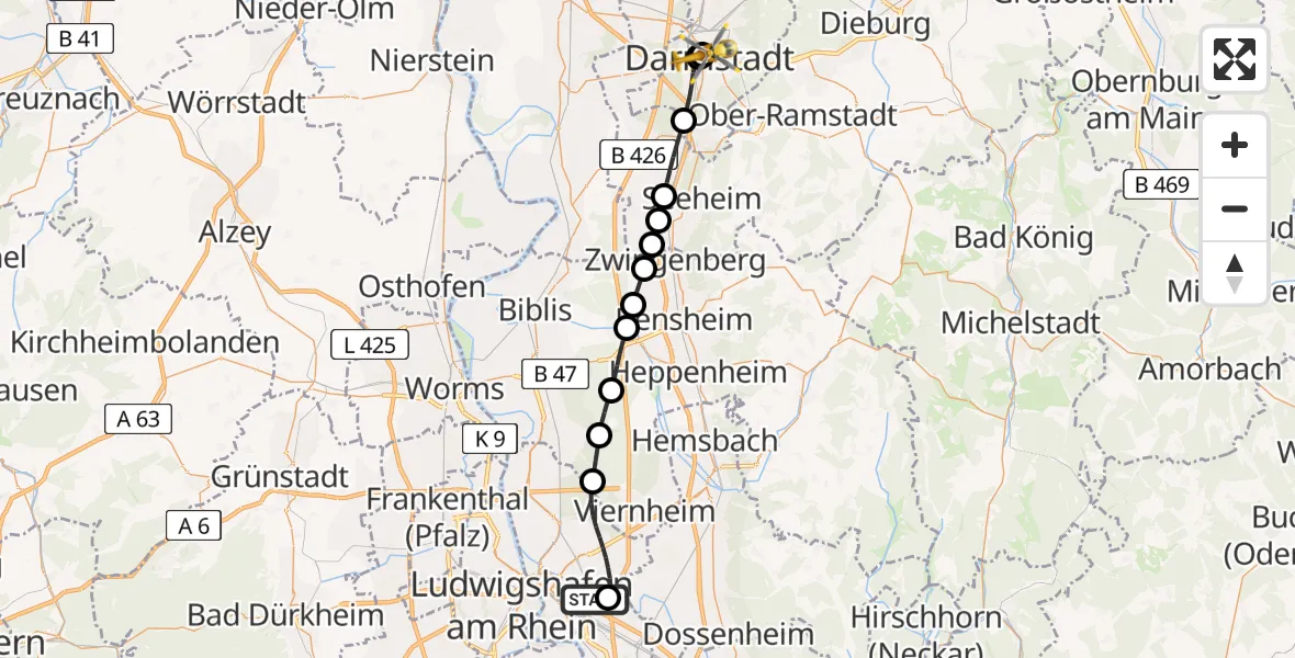 Flugroute Rettungshubschrauber Mannheim-City Flughafen - Darmstadt Hospital, 17 Juli 2026, 08:29