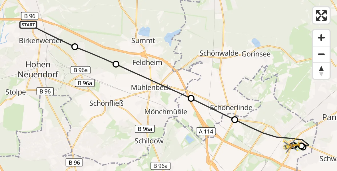 Flugroute Rettungshubschrauber Birkenwerder - Berlin, 17 Juli 2026, 08:35
