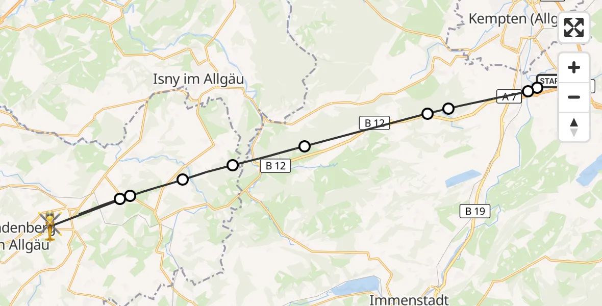 Flugroute Rettungshubschrauber Kempten-Durach Flugplatz - Lindenberg i.Allgäu, 17 Juli 2026, 08:39