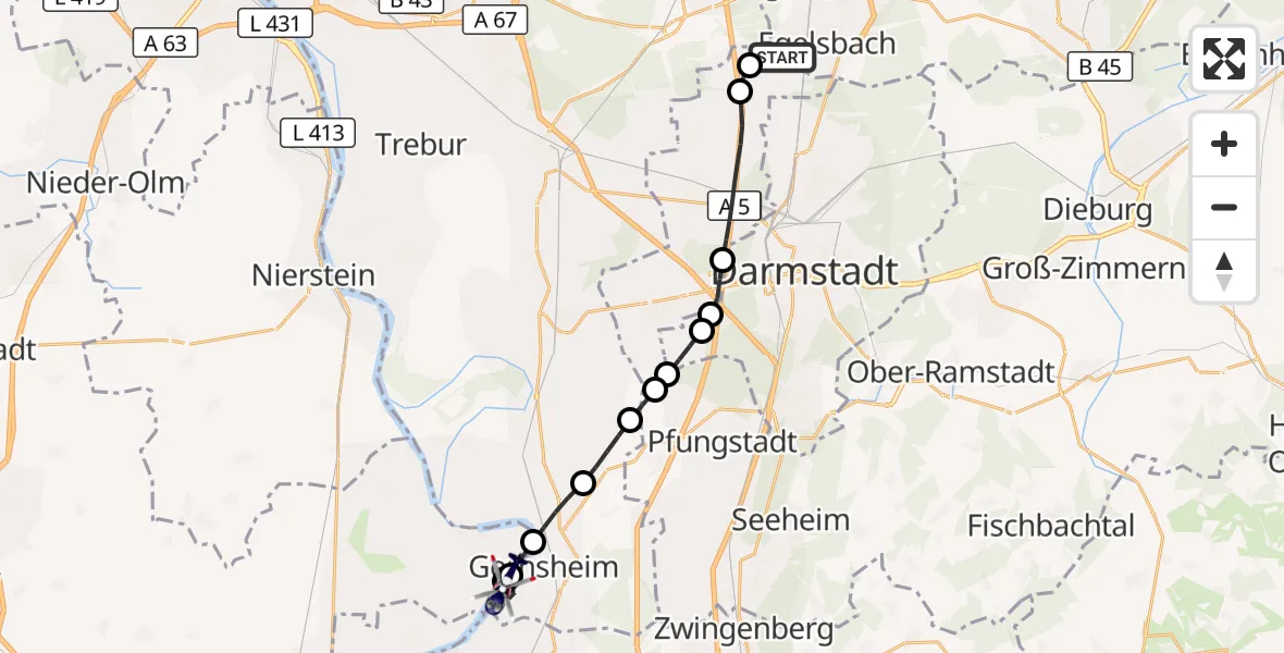 Flugroute Polizeihubschrauber Flughafen Frankfurt-Egelsbach - Gernsheim, 17 Juli 2026, 08:47