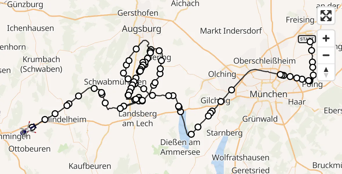 Flugroute Polizeihubschrauber München Flughafen - Westerheim, 17 Juli 2026, 08:48