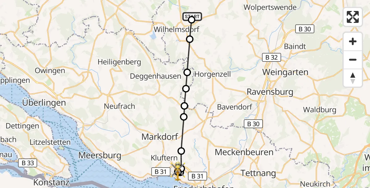 Flugroute Rettungshubschrauber Fleischwangen - Friedrichshafen Hospital, 17 Juli 2026, 08:52