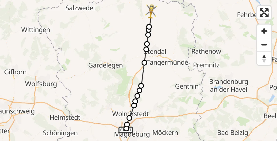 Flugroute Rettungshubschrauber Magdeburg Hospital - Osterburg (Altmark), 17 Juli 2026, 08:53