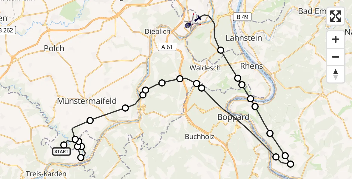 Flugroute Polizeihubschrauber Müden (Mosel) - Koblenz-Winningen Flugplatz, 17 Juli 2026, 08:56