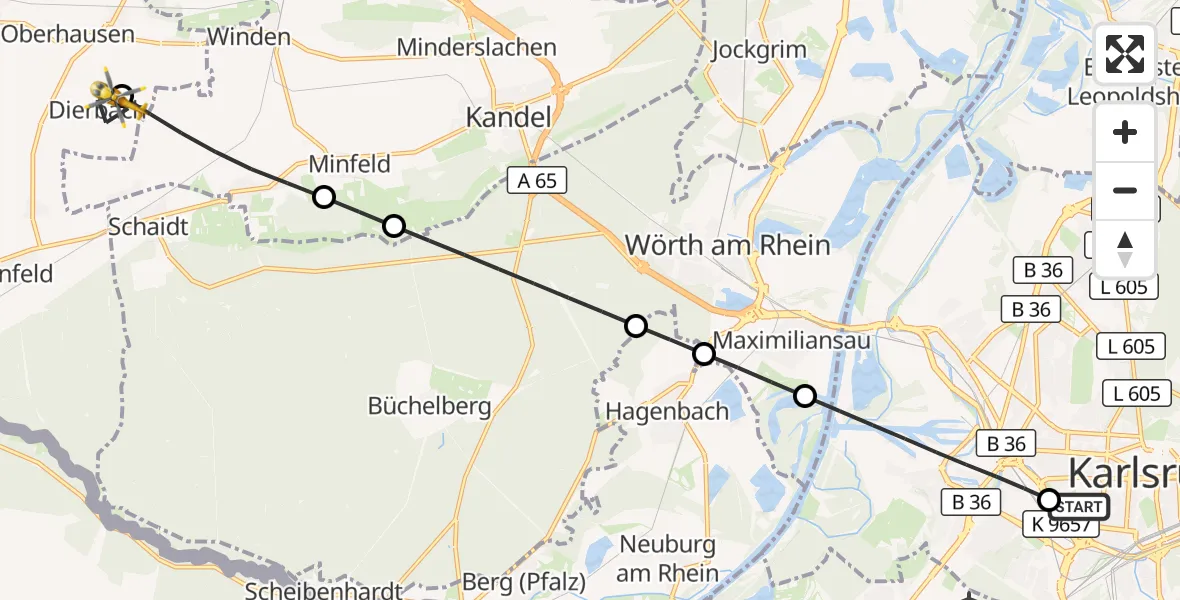 Flugroute Ambulanzhubschrauber Sankt Vincentius Hospital - Dierbach, 17 Juli 2026, 09:01