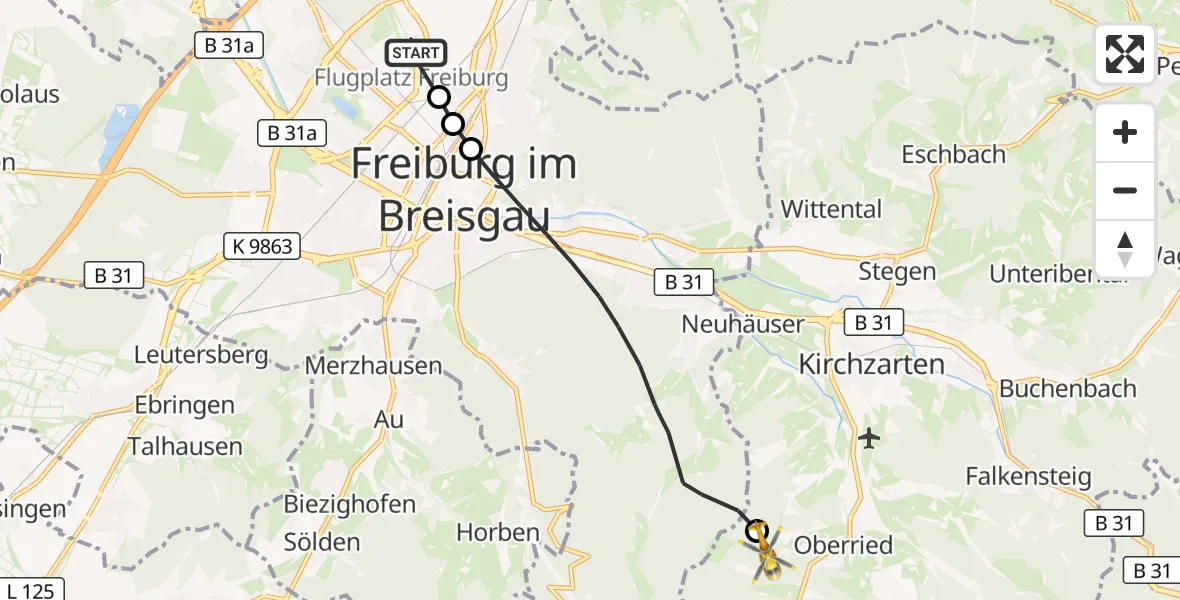 Flugroute Ambulanzhubschrauber Freiburg im Breisgau Flugplatz - Oberried, 17 Juli 2026, 09:01