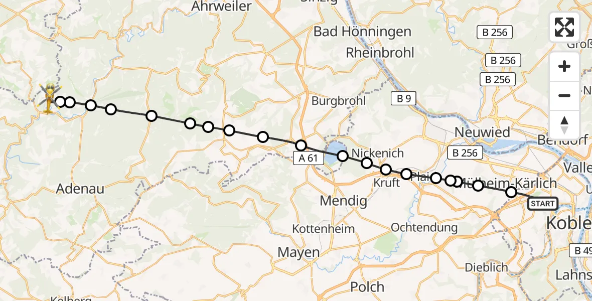 Flugroute Rettungshubschrauber Koblenz - Harscheid, 17 Juli 2026, 09:04