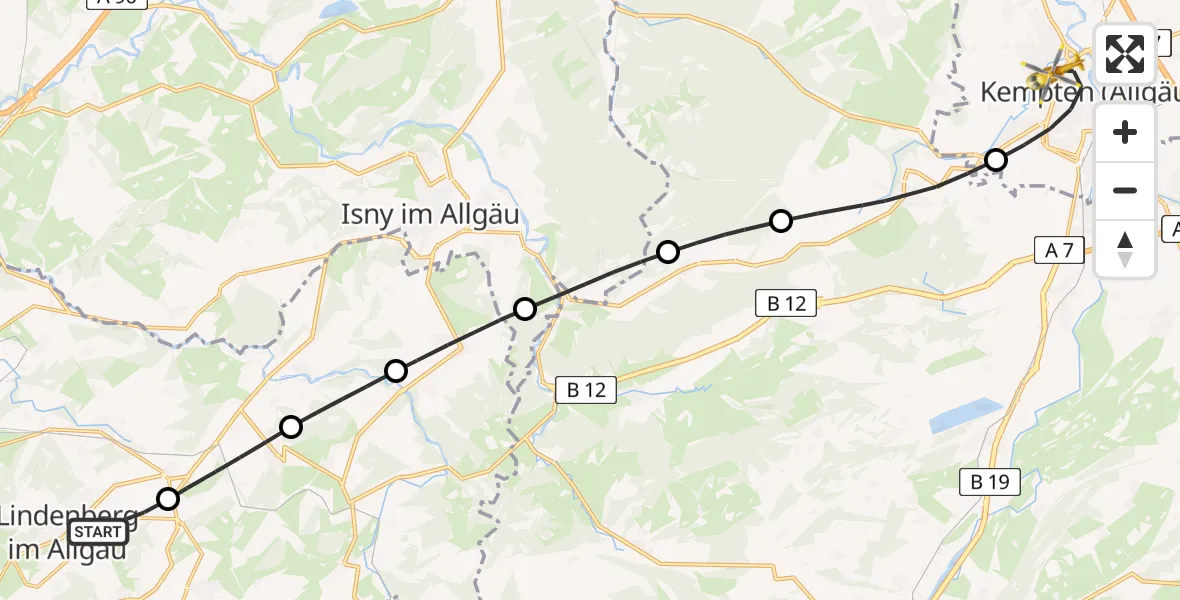 Flugroute Rettungshubschrauber Lindenberg i.Allgäu - Kempten (Allgäu), 17 Juli 2026, 09:07