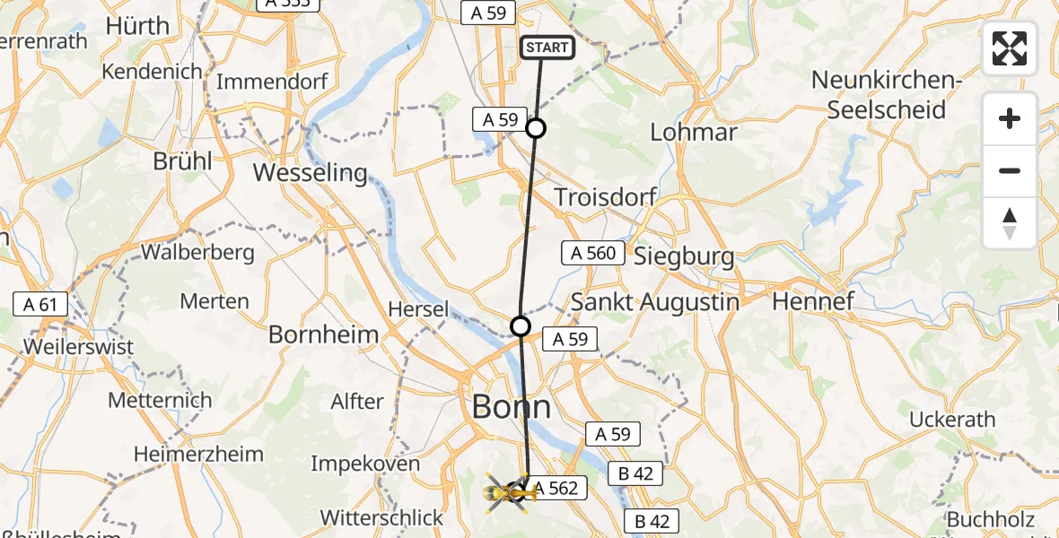 Flugroute Ambulanzhubschrauber Köln Bonn Flughafen - Bonn University Hospital, 17 Juli 2026, 09:15