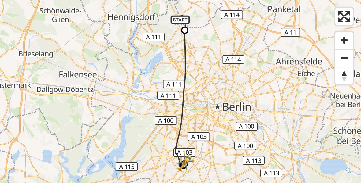 Flugroute Rettungshubschrauber Glienicke/Nordbahn - Charité Clinic Benjamin Franklin Campus, 17 Juli 2026, 09:16