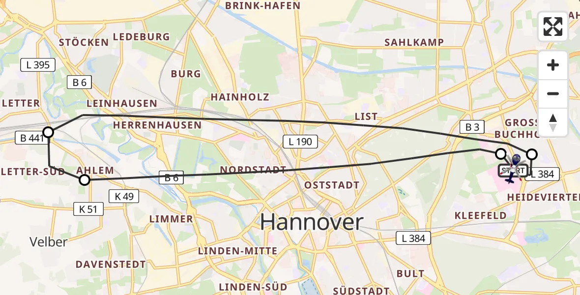 Flugroute Polizeihubschrauber Hannover Luftrettung Hubschrauberlandeplatz (Christoph 4) - Hannover Luftrettung Hubschrauberlandeplatz (Christoph 4), 17 Juli 2026, 09:17