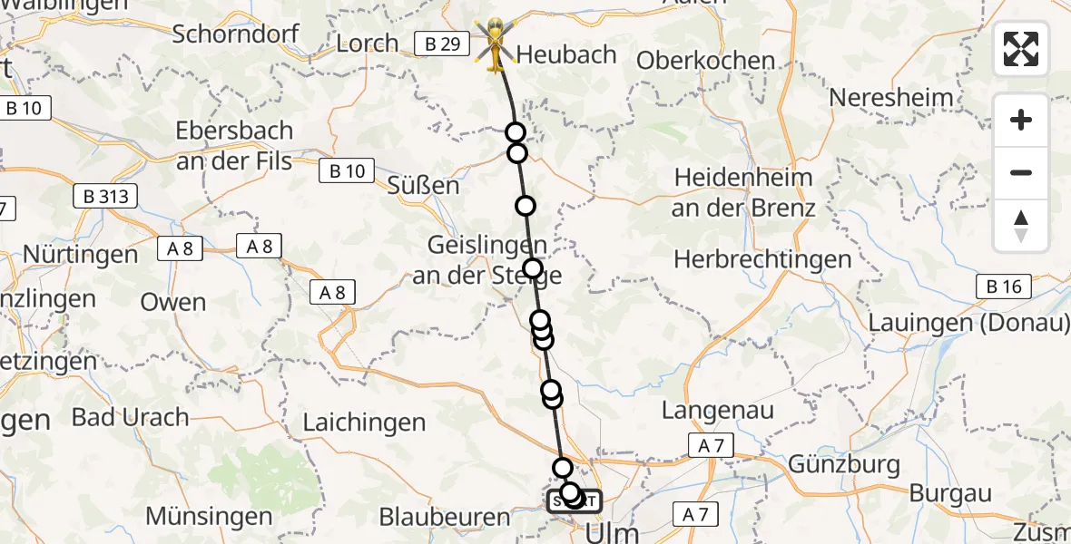 Flugroute Rettungshubschrauber Ulm Military Hospital Emergency - Schwäbisch Gmünd, 17 Juli 2026, 09:17
