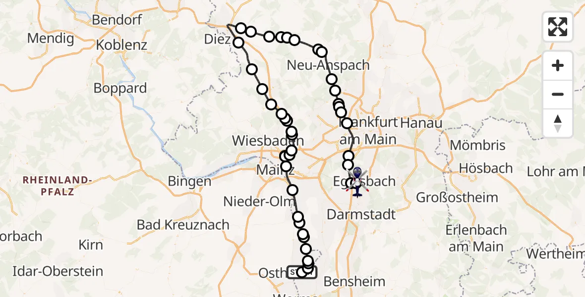Flugroute Polizeihubschrauber Worms - Flughafen Frankfurt-Egelsbach, 17 Juli 2026, 09:17