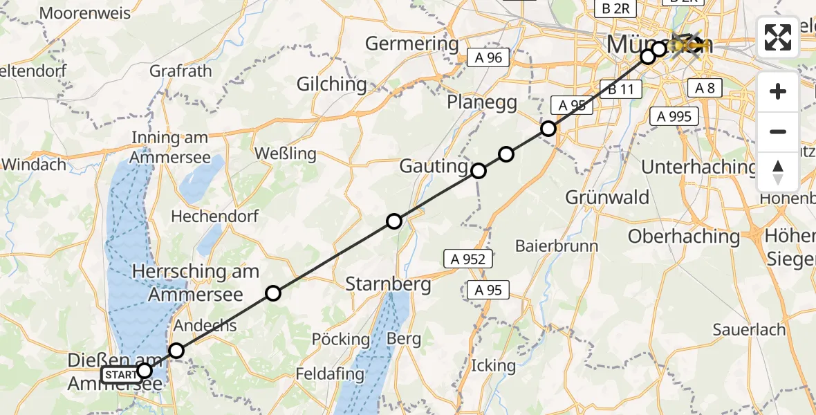 Flugroute Rettungshubschrauber Dießen am Ammersee - Rechts der Isar University Hospital, 17 Juli 2026, 09:18