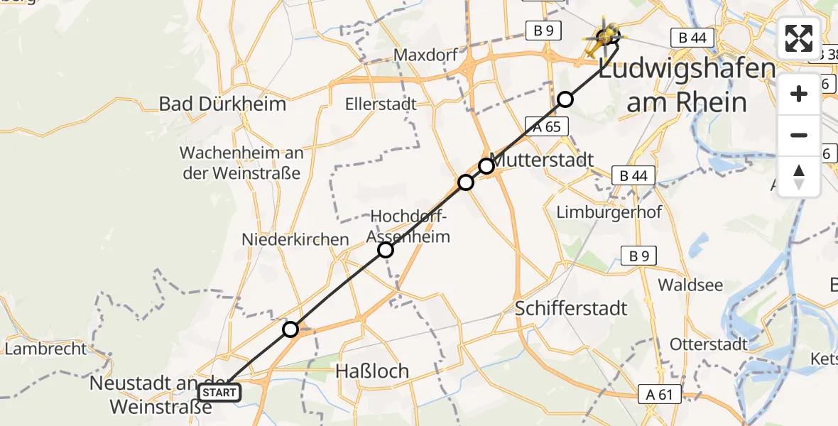 Flugroute Rettungshubschrauber Neustadt an der Weinstraße - Ludwigshafen Accident Hospital, 17 Juli 2026, 09:23